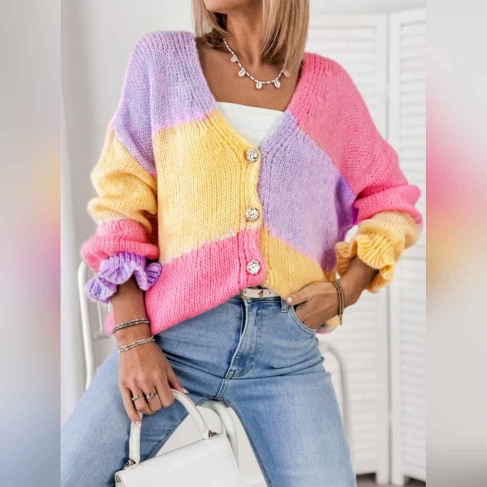 Colorful Color Block Women's V-Neck Cardigan Sweater